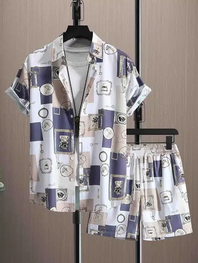 Silk Blend Printed Top & Bottom Set for Men (Beige & Navy Blue, S)