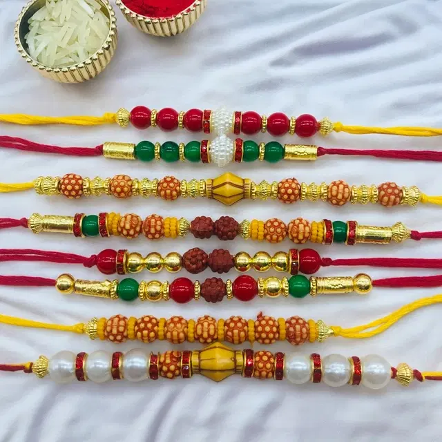 Handmade Designer Rakhi with Roli Chawal, Multicolor, Pack of 8