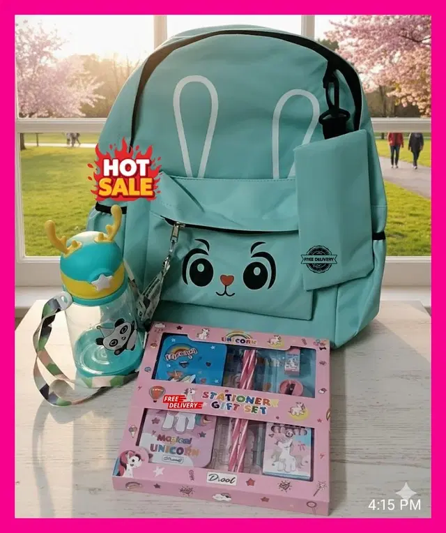 Polyester Backpack, Water Bottle, Stationery Kit for Kids, Multicolour, Set of 1