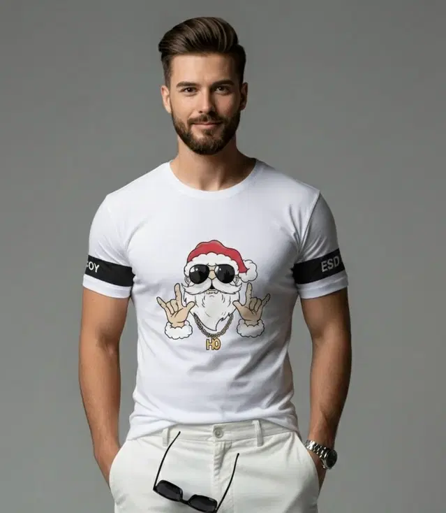 Polyester Printed T-shirt for Men, White (XL)
