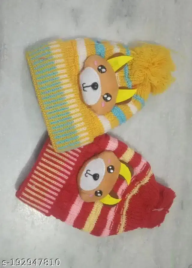 Woolen Caps for Kids, Pack of 2 (Multicolor, 3-6 Months)
