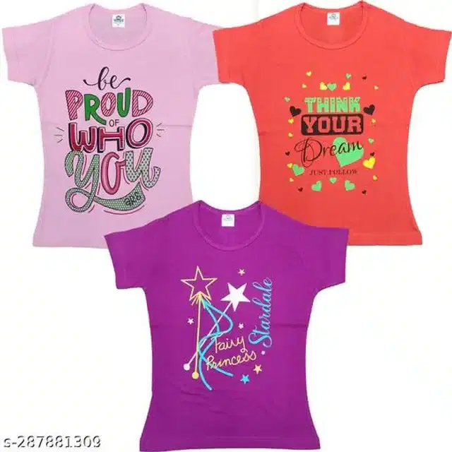 Cotton Half Sleeves T-Shirt for Girls, Pack of 3 (Multicolor, 2-3 Years)