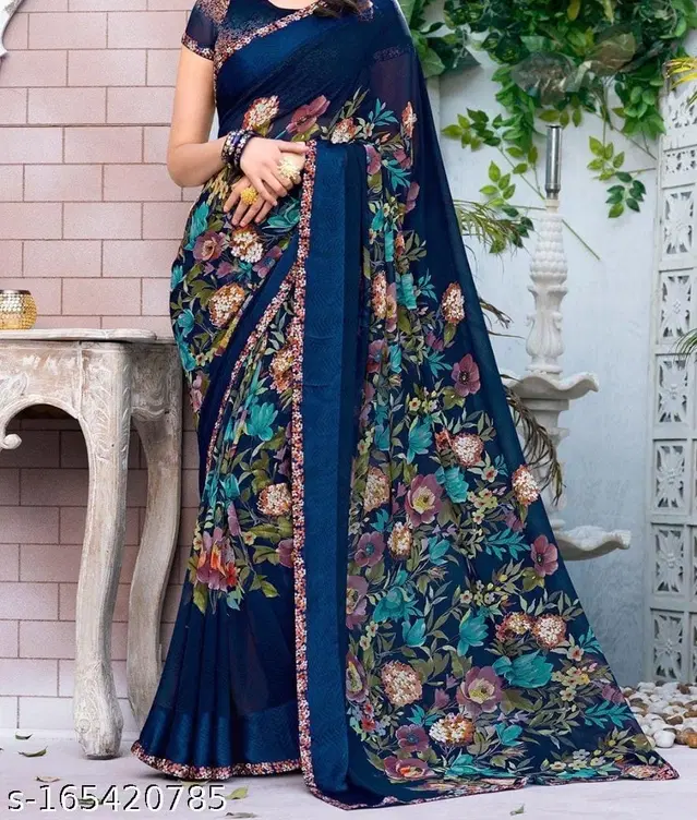 Georgette Printed Saree for Women (Blue, 6 m)