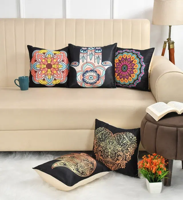 Jute Printed Cushion Covers, Multicolor, 16x16 inches, Pack of 5
