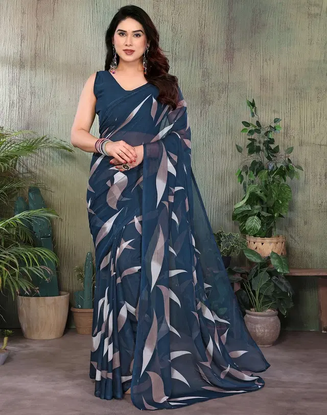 Georgette Saree for Women, Floral (Blue, Free Size)