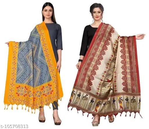 Printed Khadi Cotton Dupatta with Tassels for Women, Pack of 2 (Multicolor, One Size)