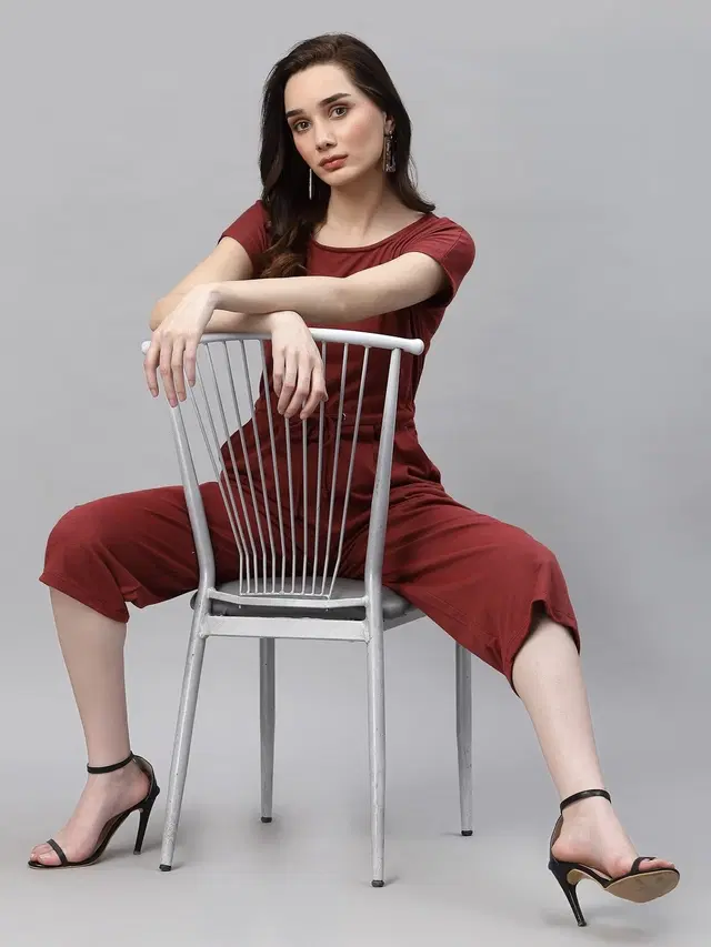 Pure Cotton Solid Jumpsuit for Women (Maroon, M)