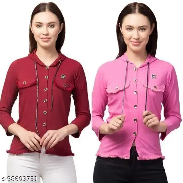 Cotton Blend Sweatshirt for Women, Pack of 2 (Maroon & Pink, S)