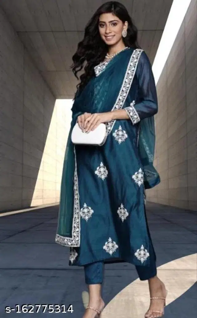 Viscose Rayon Embroidered Kurta with Pant & Dupatta for Women (Multicolor, S)