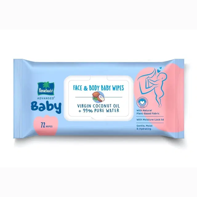 Parachute Advansed Baby Face & Body Baby Wipes With Virgin Coconut Oil + 99% Pure Water, 72 Pulls
