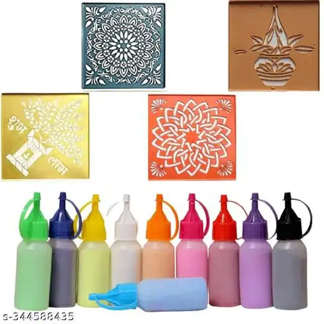 Rangoli Colors Pouch, 10 Pcs with 4 Pcs Design Tray, Multicolor, Set of 2
