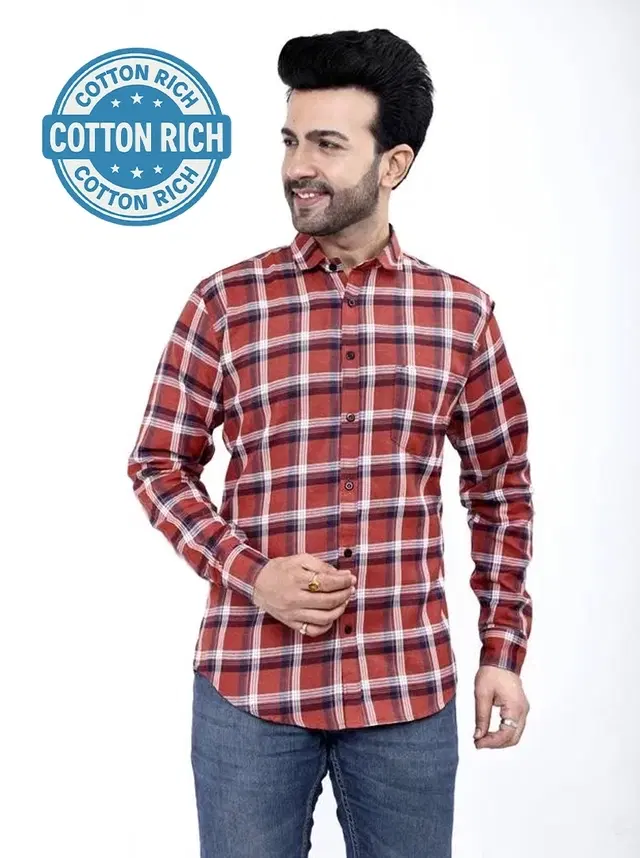 Cotton Blend Chequered Shirt for Men, Orange (L)