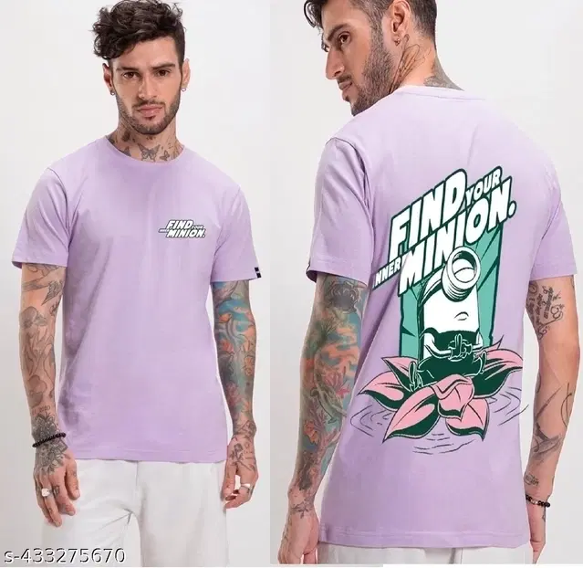 Round Neck Back Print T-Shirt for Men, Lavender (XL)