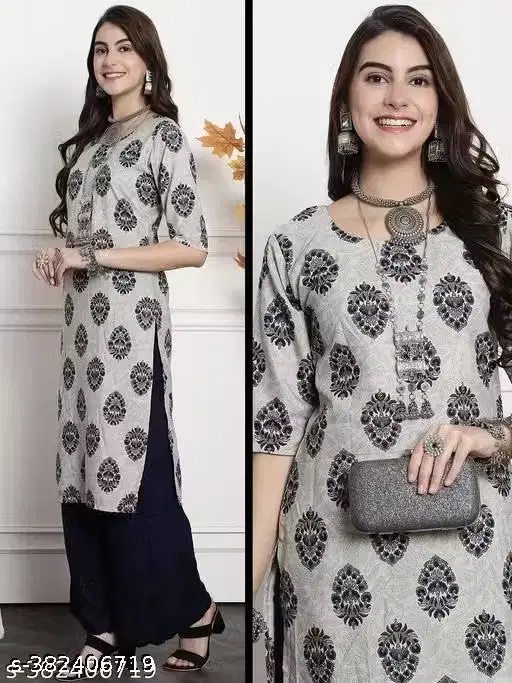 Block Print Straight Kurti for Women ,Black (M)
