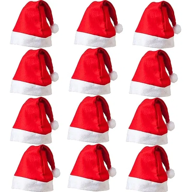 Fur Santa Claus Cap for Men & Women, Red & White, Pack of 12