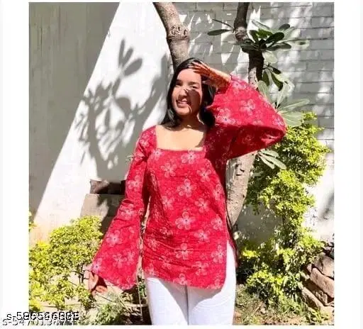 Rayon Printed Short Kurti for Women, Red (M)
