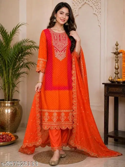 Print Embroidery Chinon Salwar Suit Set for Women (Orange, S)