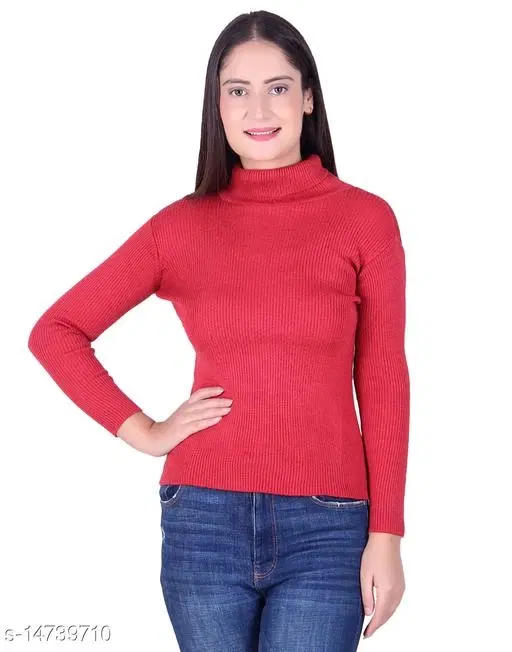 Hi-Neck Sweater for Women (Red, XL)