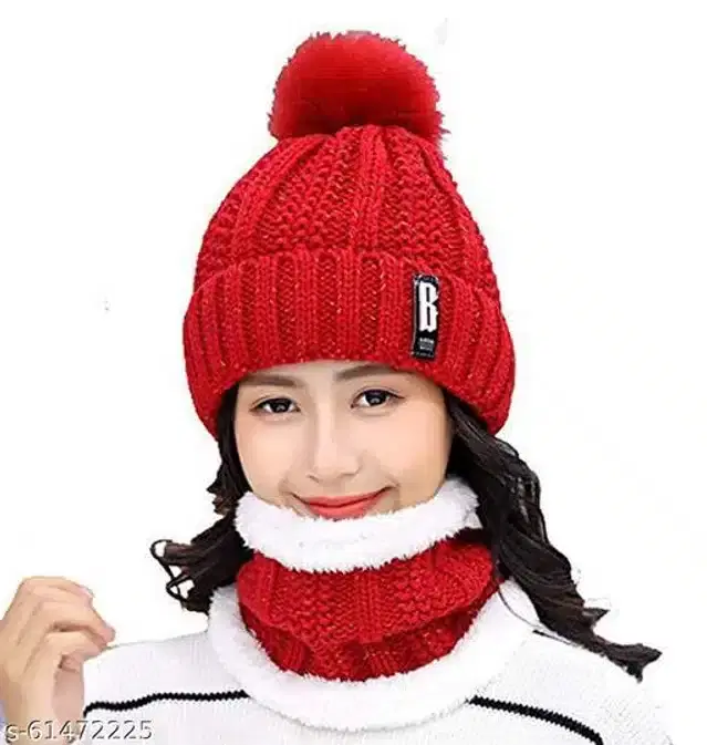 Winter Cap With Muffler For Women, Set Of 1 (Red)