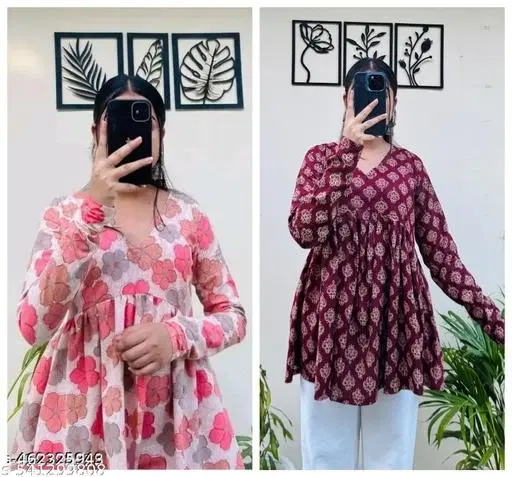 Floral Printed Kurti for Women, Pack of 2 (Pink, XS)