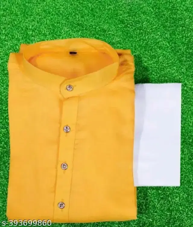 Cotton Solid Kurta with Pyjama for Men (Yellow & White, XL)