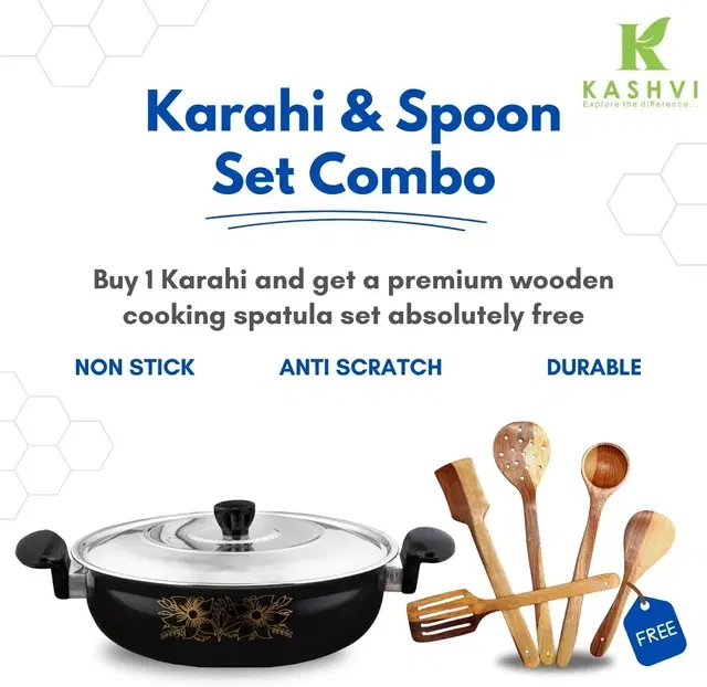 Cast Iron Kadai with 5 Pcs Spatula Set, Multicolor, Set of 2