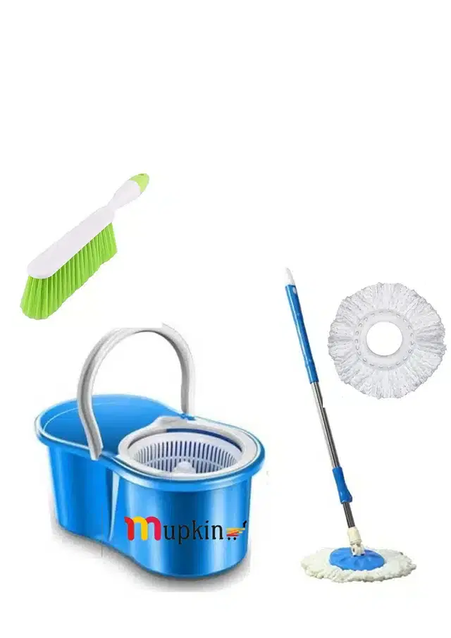 PVC Magic Spin Bucket Mop with 2 Refills & Cleaning Brush Set, Blue, Set of 2