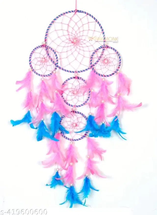 Feather Wall Hanging Dream Catcher, Sky Blue & Pink