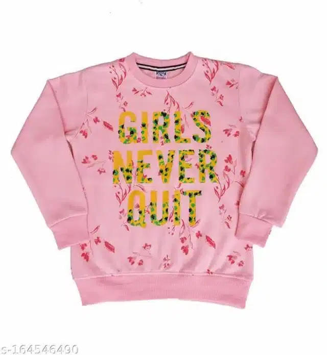 Fleece Printed Full Sleeves Round Neck Sweatshirt for Girls (Light Pink, 3-4 Years)