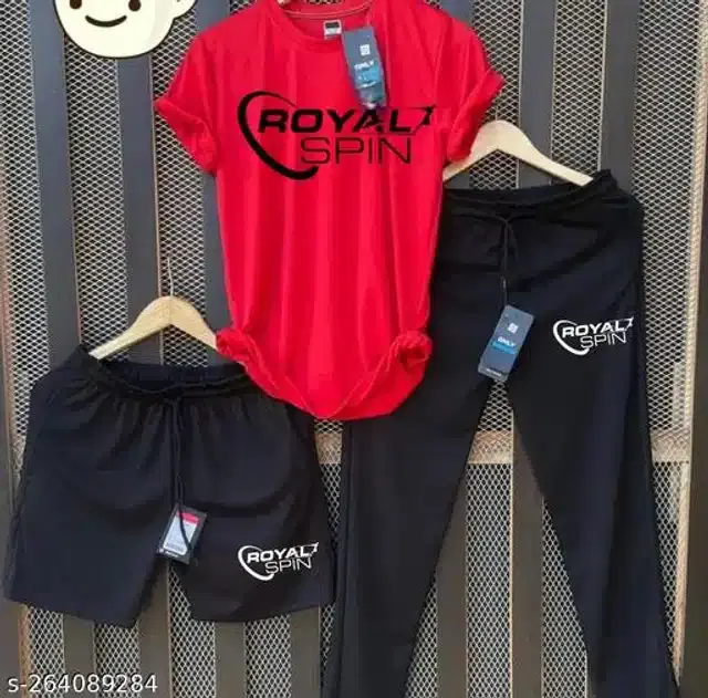 Half Sleeves T-Shirt with Trackpant & Shorts, Set of 1 (Red & Black, S)