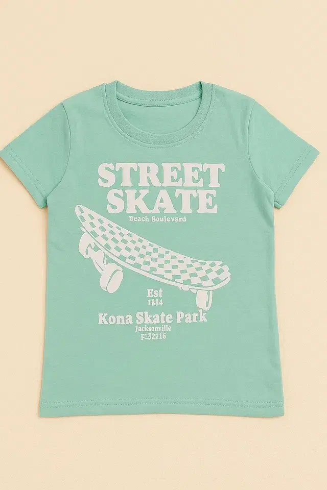 Round Neck Printed T-Shirt for Boys, Green (10-12 Years)