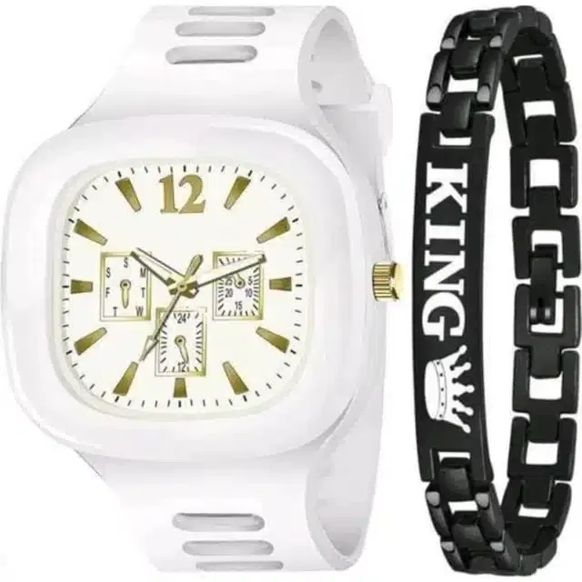 Analog Watch & Bracelet for Men, Pack of 2 (White & Black)