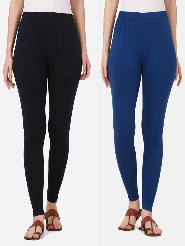 Cotton Solid Leggings for Women, Pack of 2 (Navy Blue & Royal Blue, S)