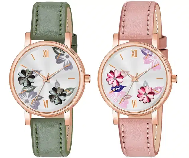 Designer Leather Analog Watch for Women & Girls, Pack of 2 (Green & Peach)