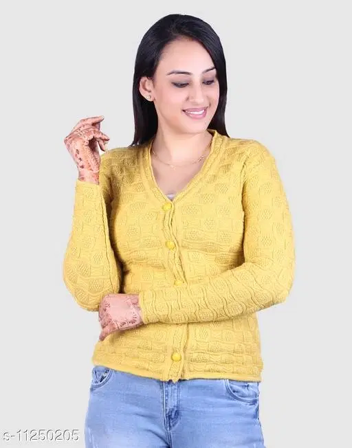 Acrylic Solid Sweater for Women (Yellow, M)