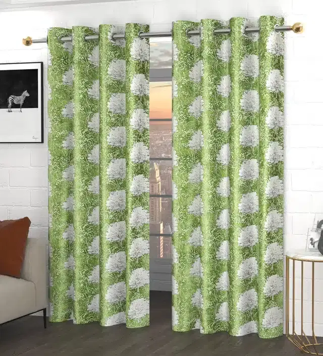 Printed Polyester Curtains, Green, 5 feet, Pack of 2