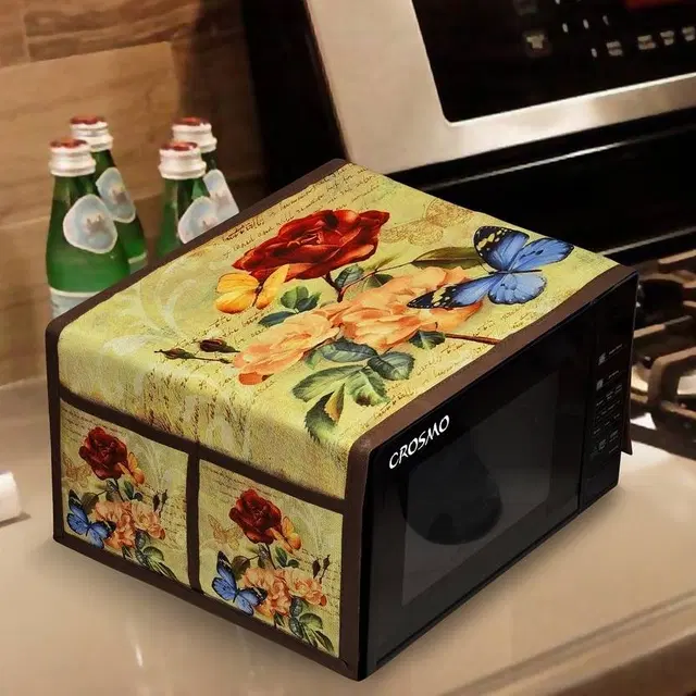 Crosmo Yellow Flower Print Knitted Microwave Oven Cover 95x20cm, Pack of 1