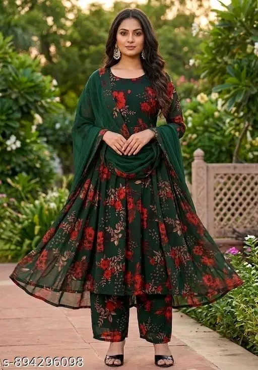 Georgette Kurta Set for Women (Green, S)