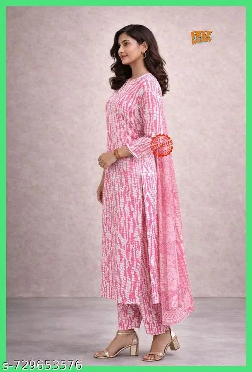 Cotton Silk Printed Kurta With Paint & Dupatta Set for Women, Peach (M)