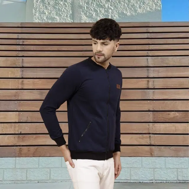 Fleece Solid Sweatshirt For Men, Blue & Black (M)