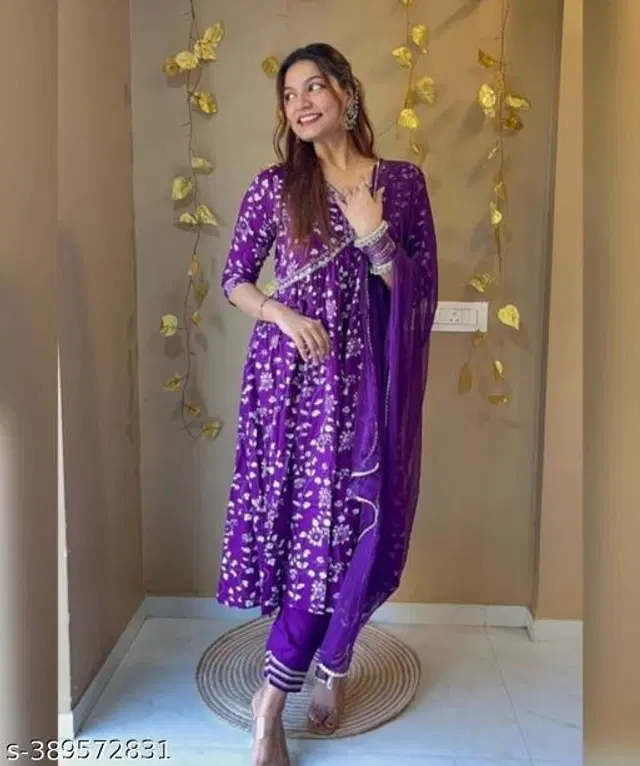 Rayon Printed Kurta with Pant & Dupatta for Women (Purple, L)
