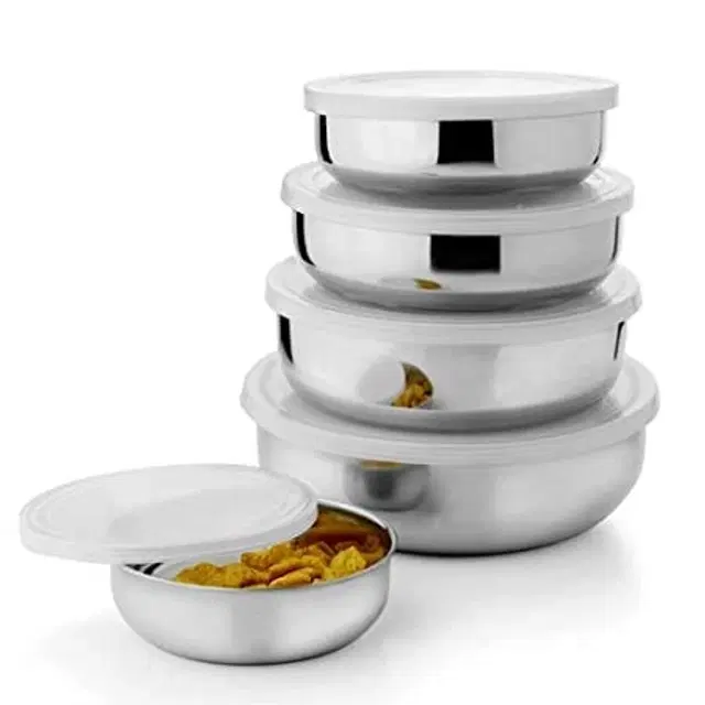 Jensons Stainless steel with white plastic lid for storing and serving food Containers, Set of 5 PC