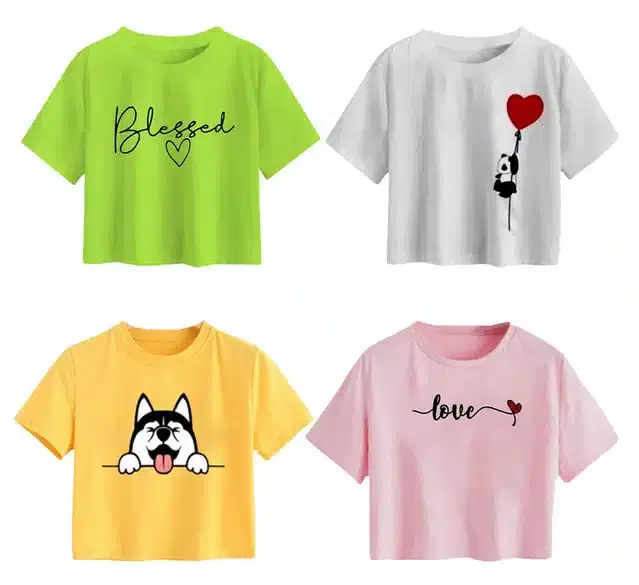 Cotton Printed Crop Tops for Girls, Pack of 4 (Multicolor, 13-14 Years)