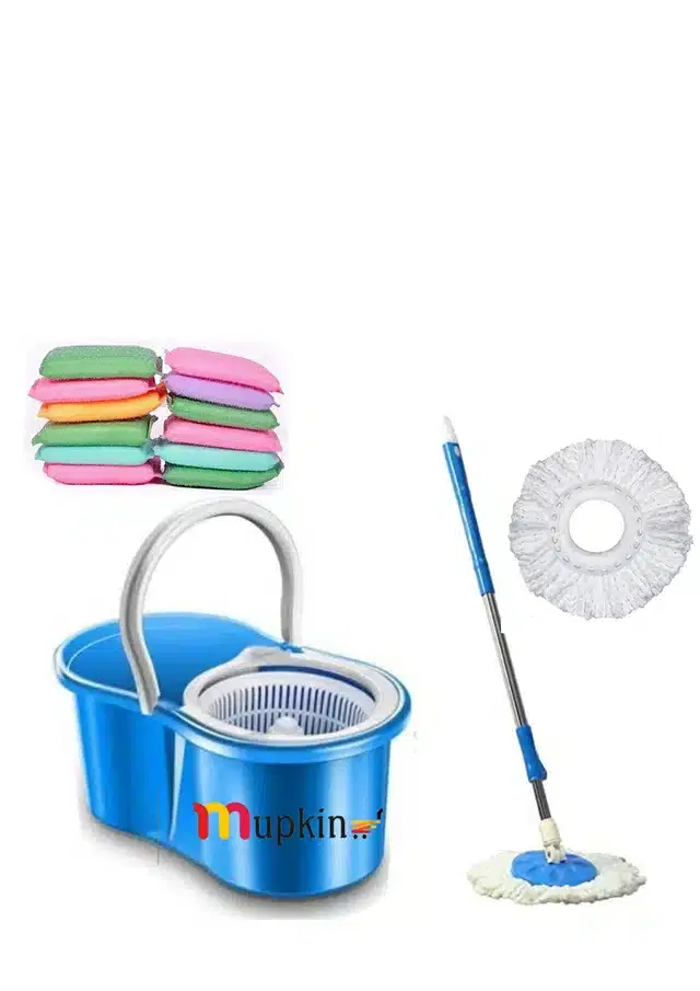 PVC Magic Spin Bucket Mop with 2 Refills & 12 Scrubber Set, Blue, Set of 2