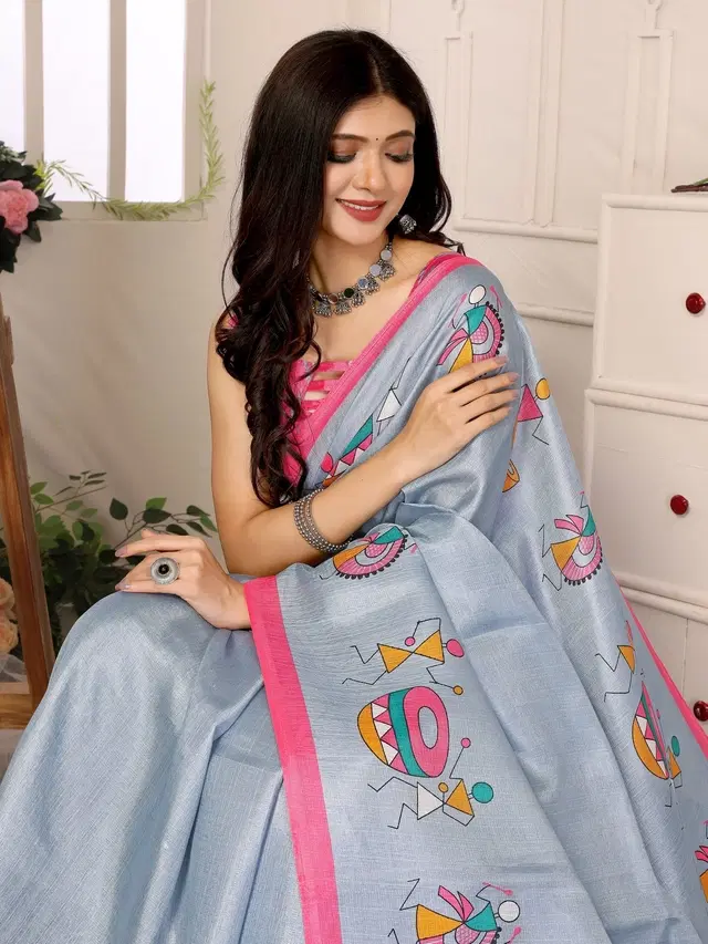 Assam Art Silk Saree for Women (Grey, Free Size)