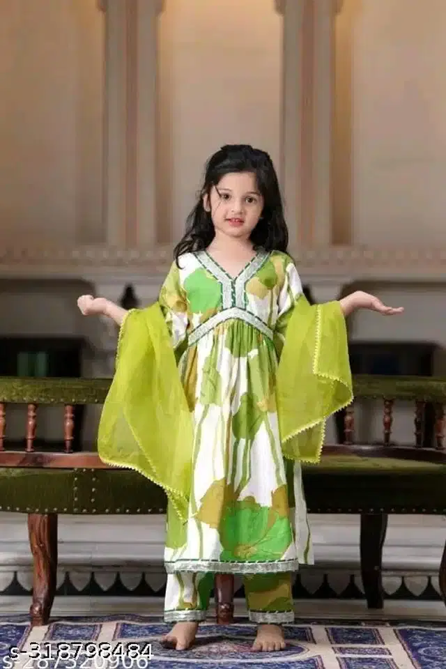 Rayon Printed Kurti with Dupatta & Sharara for Girls (Green, 7-8 Years)