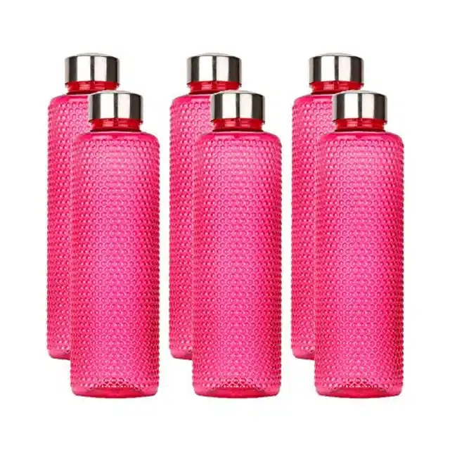 Airtight Plastic Water Bottle with Lid, Pink, 1000 ml, Pack of 6
