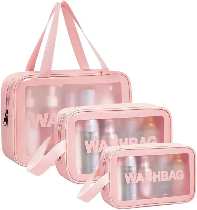 Portable Waterproof Zippered Cosmetic Bags, Pink, Set of 3