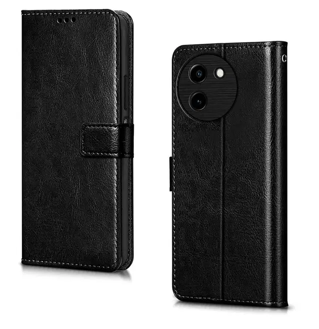 Artificial Leather Mobile Flip Cover for Vivo T3x 5G, Black