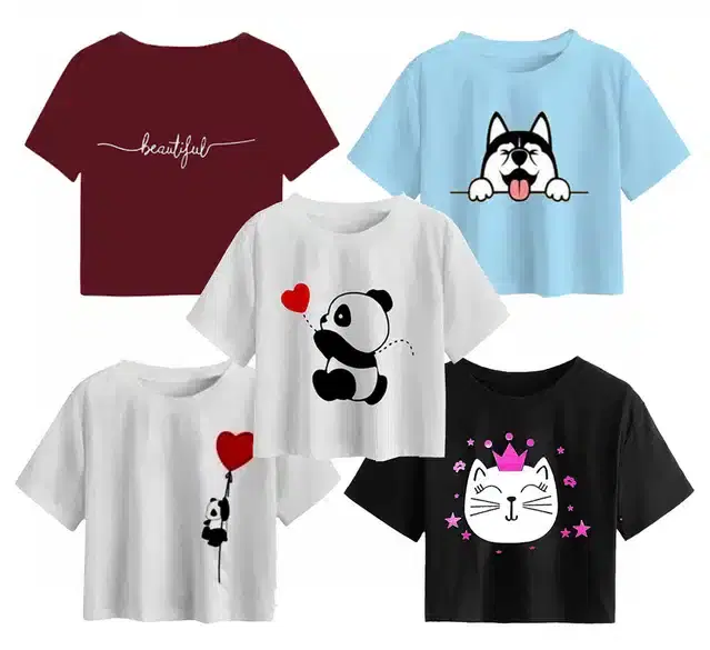 Cotton Printed Crop Tops for Girls, Pack of 5 (Multicolor, 10-11 Years)